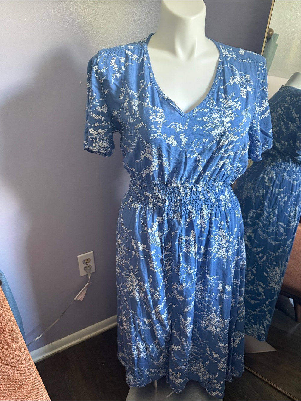Blue Floral V-Neck Smocked Waist Maxi Dress